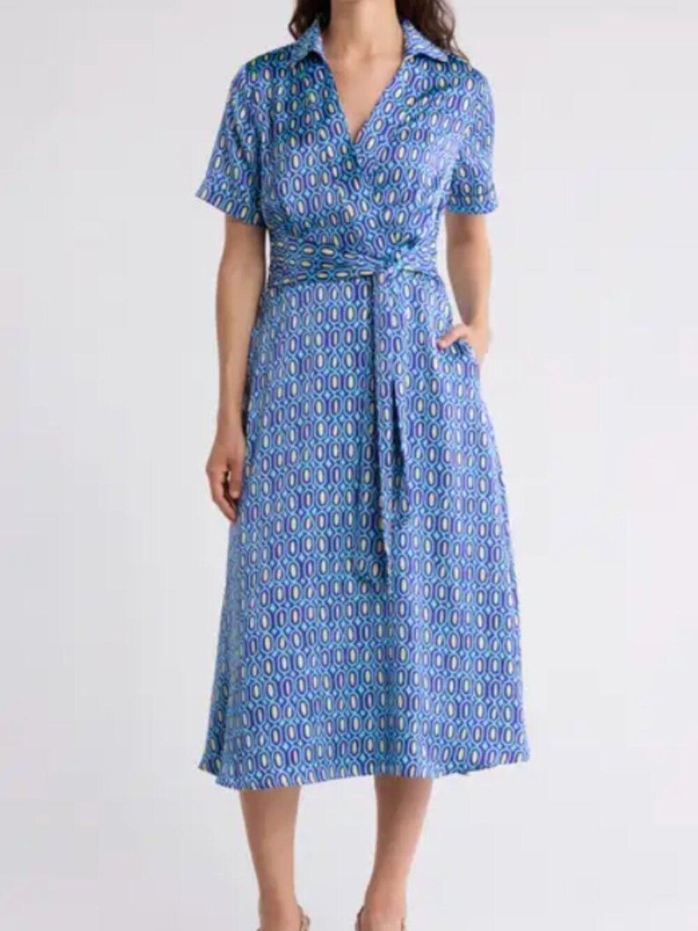 Tahari ASL Geometric Print Belted Midi Shirtdress Blue Aqua Lime 4EM0